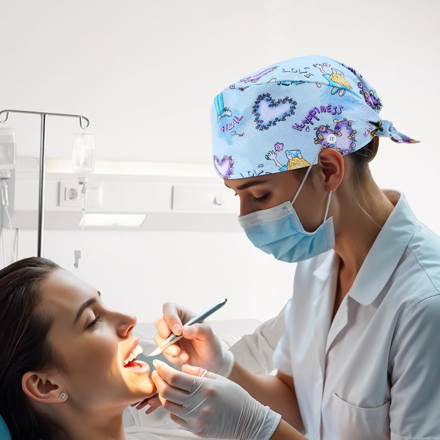 8 Pcs Elastic Nurse Hats Teeth Pattern Working Hats Bulk for Women Dental Caps Adjustable Dentist Scrub Cap Colorful - Image 6