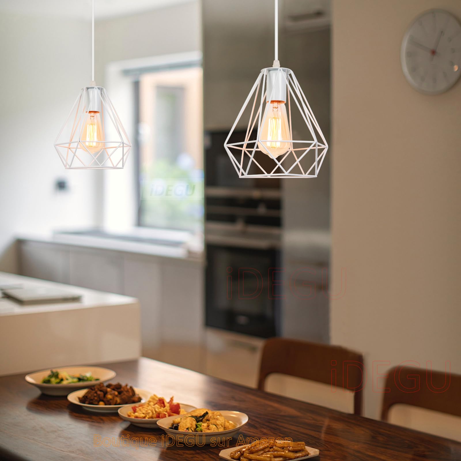 iDEGU Lot de 2 Suspensions Luminaires Moderne 20cm Éclairage de Plafond E27 Lustre Industriel en Métal Abat-jour Luminaire Design Cage Suspension Vintage pour Chambre Cuisine Café Restaurent (Blanc)