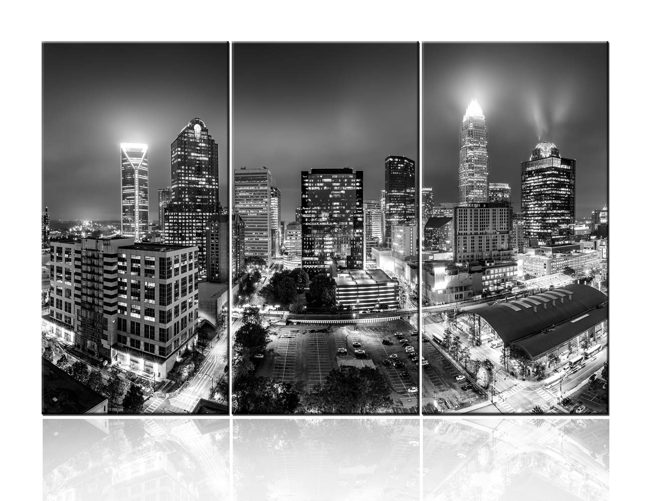 Charlotte City Skyline At Night Black & White Wall Art. Charlotte Black