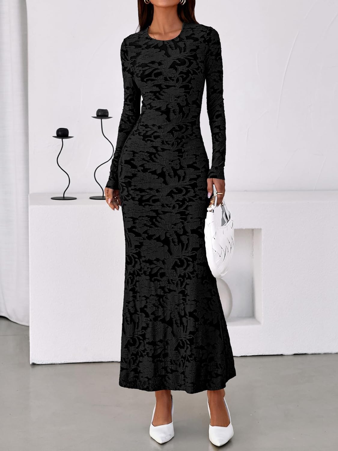 BTFBM Wedding Guest Dresses for Women 2026 Spring Elegant Floral Lace Ruched Long Sleeve Bodycon Cocktail Party Maxi Dress - Image 2