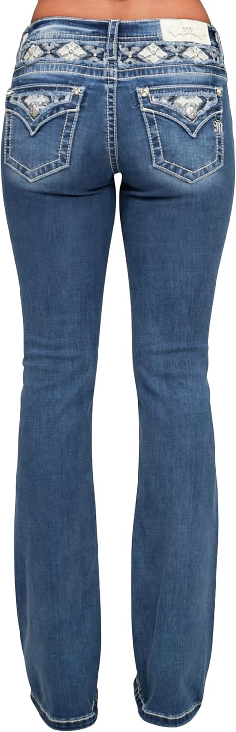 Miss Me Women's Adley Cross Embellished Faux Flap Pockets Mid-Rise Bootcut Jeans