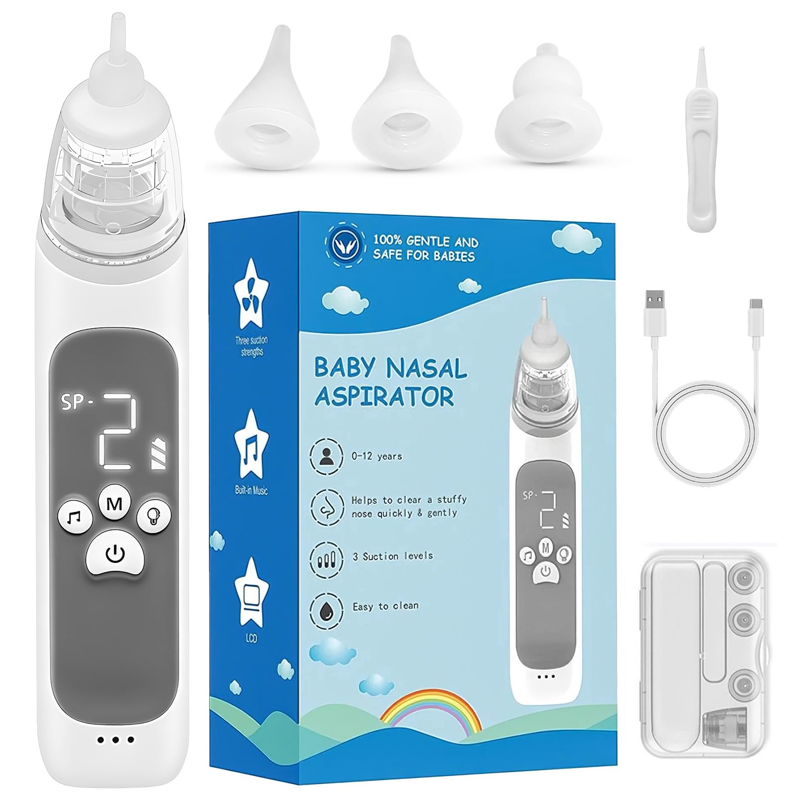 DEUKNICE Elektrischer Baby Nasensauger, Baby Nasensauger, Baby Nasensauger Staubsauger, Wiederaufladbarer Nasenreiniger mit 3 Silikondüsen und 3 Saugstufen, Gray