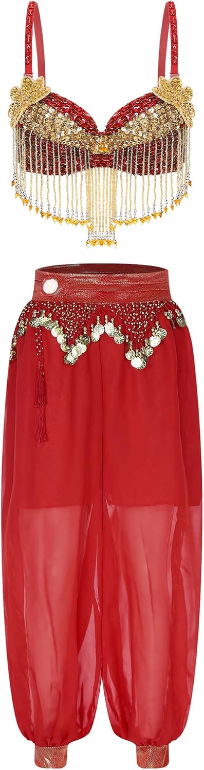FEESHOW Women's Belly Dance Outfit Sparkly Bra Tops with Side Split Pants Halloween Party Outfit