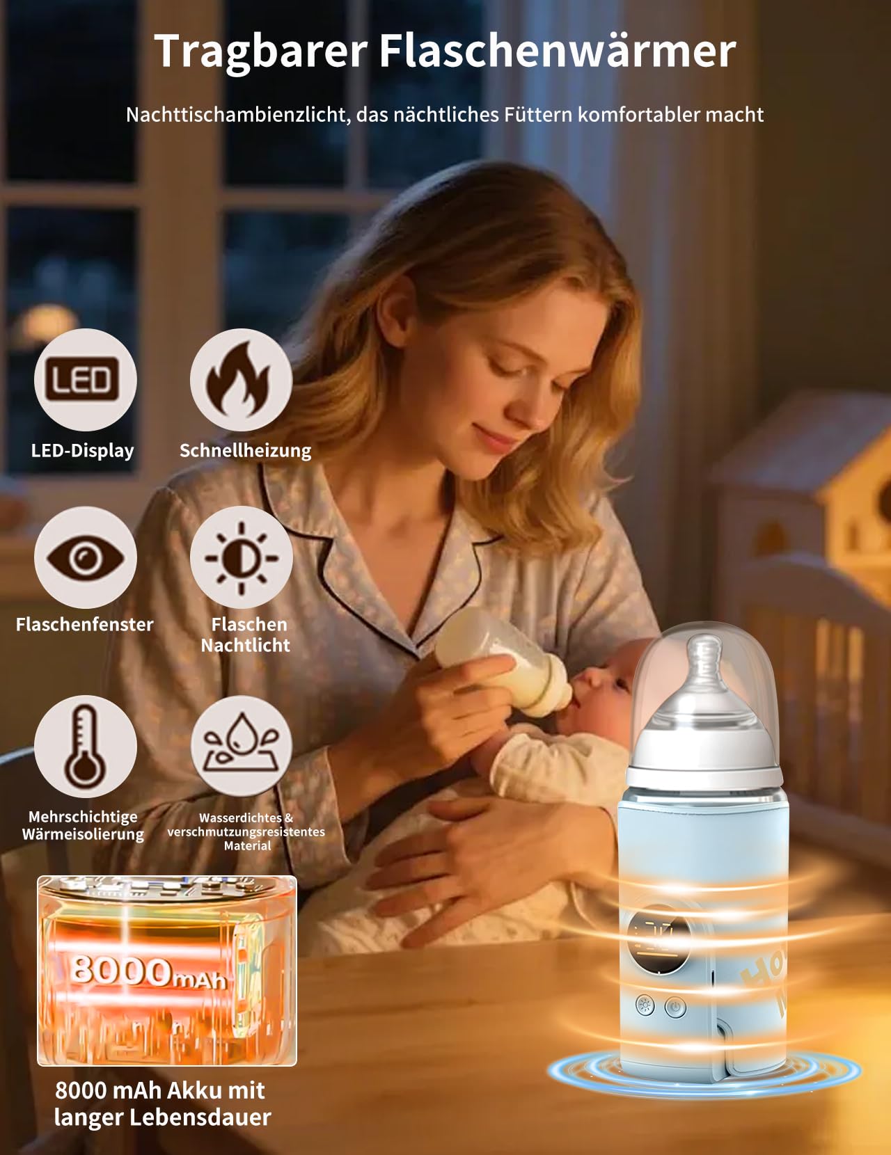 Flaschenwärmer Baby, Babyflaschenwärmer mit 8000mAh Akku, 6 Temperaturstufen 38-50℃, LED-Anzeige & Nachtlicht, Tragbarer Flaschenwärmer Baby USB-Ladefunktion für Unterwegs und Zuhause(Blau)