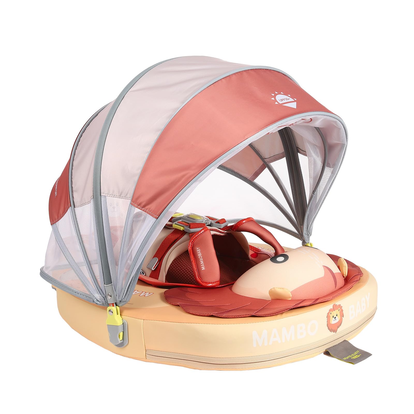 Mambobaby No-Flip Baby Pool Float with Canopy & Tail Non-Inflatable Swim Float for Infants, Pearl-Foam, UPF 50+ & Adjustable Safety Five-Way Harness, Skin-Friendly for Boys Girls 3-24 Months-Lion