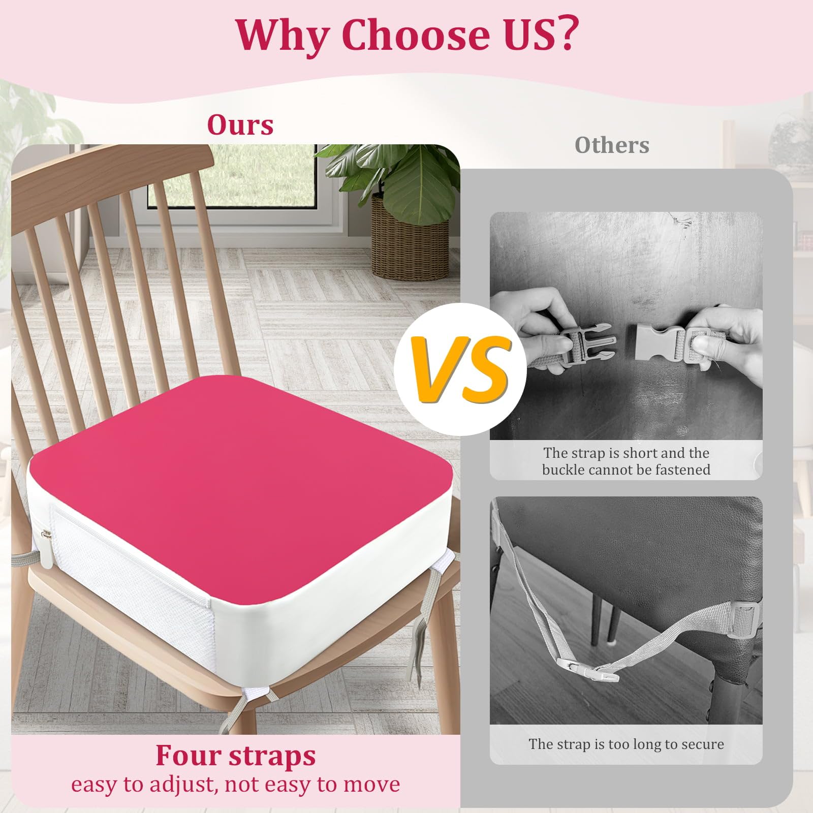 Rehausseur de chaise pour enfant - Ancrage 4 points - 9,6 cm - Surélévation pour tout-petits à la table à manger avec poches latérales - Coussin d'assise antidérapant et portable - Pour enfants - Rose