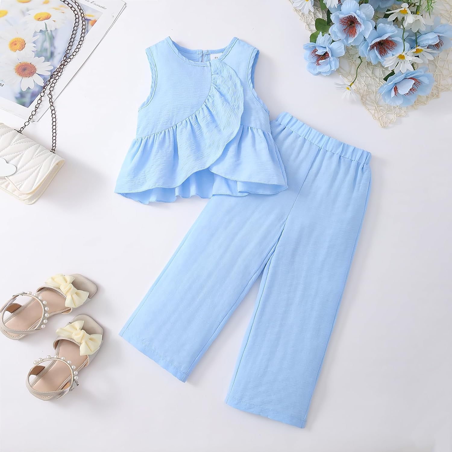 Toddler Baby Girl Clothes Ruffle Sleeveless Vest Wide Leg Pants 2pcs Summer Outfit Set - Image 2