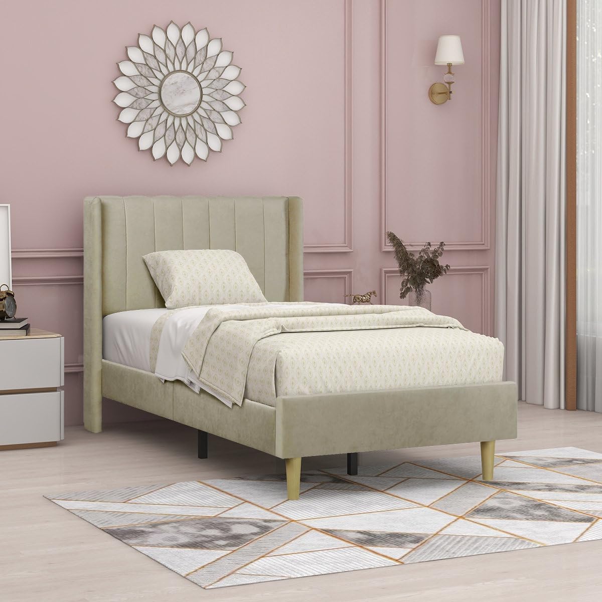 ONIJA Onim Modern Upholstered Low Height Platform Bed Without Storage with Wingback Headboard | Wooden Single Bed Cot Palang for Bedroom Living Room (Beige)