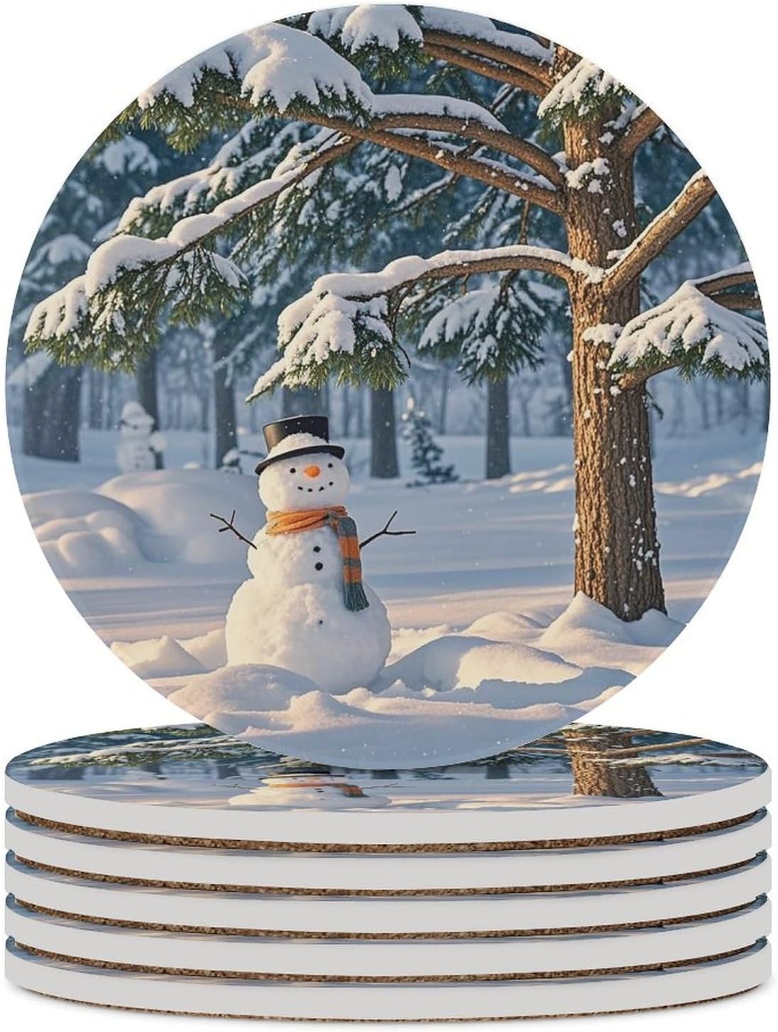 6PCS Coasters for Drinks Absorbent Ceramic Coasters with Cork Backing Snowman Under A Pine Tree Drink Coasters Non-Slip Cup Mat for Coffee Table Home Kitchen Decor