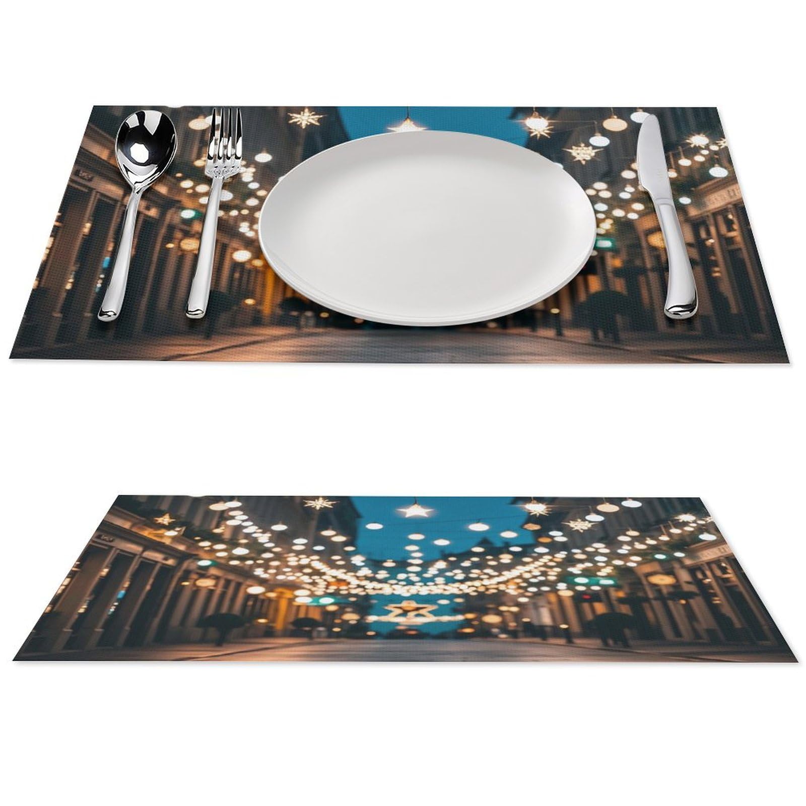 Lumières de Noël imprimées sur un lot de 4 sets de table lavables pour repas de fête en famille