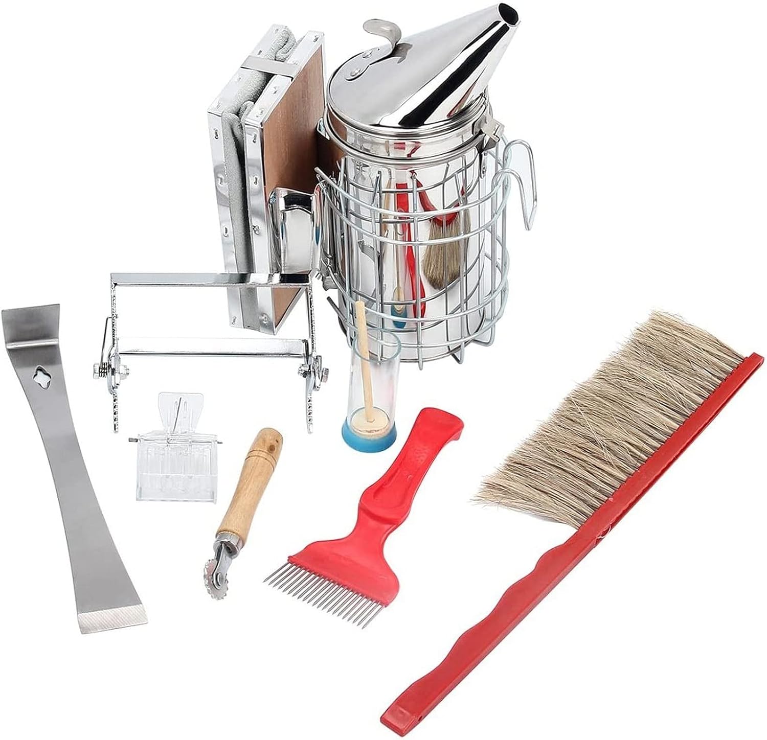 Yodensity Set of 8 Beekeeping Tool Kit Includes Stainless Steel Bee Hive Smoker, Scraper, Unwinding Fork, Brush, Frame Grip, Wire Wheel Embedder, Queen Catcher, Queen Tag Bottle