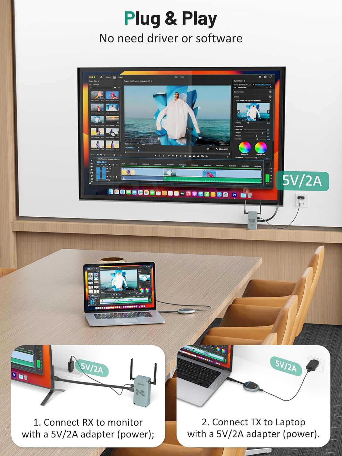 Sreaming Wireless HDMI Transmitter and Receiver 4K, 𝟐𝟎𝟐𝟔 𝐔𝐩𝐠𝐫𝐚𝐝𝐞 Plug & Play Aluminium Housing HDMI Wireless HDMI+VGA, 164FT, 2.4/5GHz for Monitor, HDTV, Streaming Video/Audio, Camcorders