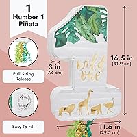 Vista 3 de BLUE PANDA Pull String - Pinata número 1 Wild One Safari Animals - Verde - 16.5 x 11.6 x 3 pulgadas - Centro de mesa de fiesta de la selva y diseño