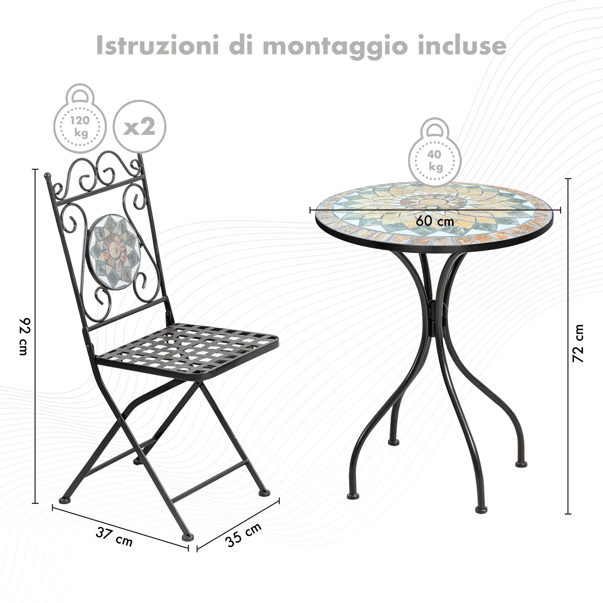 IlGruppone Tavolino + 2 Sedie Set Bistrot Terrazzo Giardino Mosaico Ceramica Interno Esterno Pieghevoli Salvaspazio Patio Casa Arredo Estivo Trattamento Antiruggine WaterProof - Mod-Cefalu