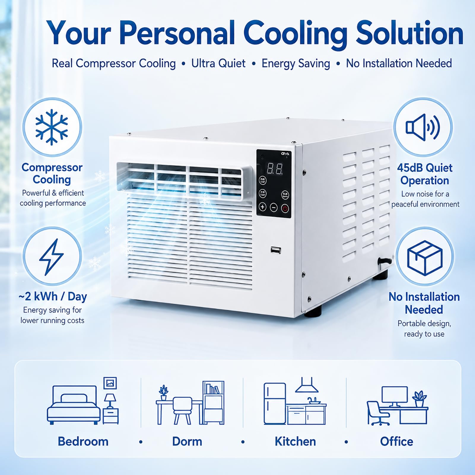 Aire Acondicionado Portátil Ultra Silencioso (45dB) con Compresor, Deshumidificación y Temporizador Programable, Control Remoto, Bajo Consumo, para Tienda de Campaña y Autocaravana