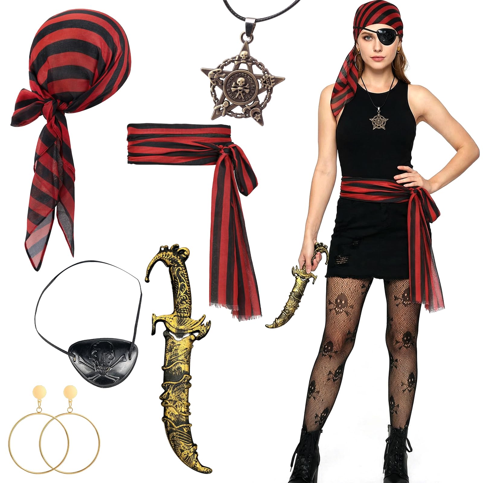 MLPKOI 7PCS Pirate Accessories Set for Women, Women Pirate Costume Ladies Pirates Tricorn Hat, Eyepatch, Earring, Necklace, Belt & Fishnet Stockings, Pirates Accessories Fancy Dress Adult Cosplay - Image 2