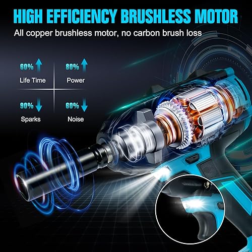 Miniatura 9 de Llave de impacto inalámbrica 1000N.m de 1/2 pulgada, pistola de alto par de 4800 RPM con 2 baterías de 4.0 Ah, llave eléctrica sin escobillas con