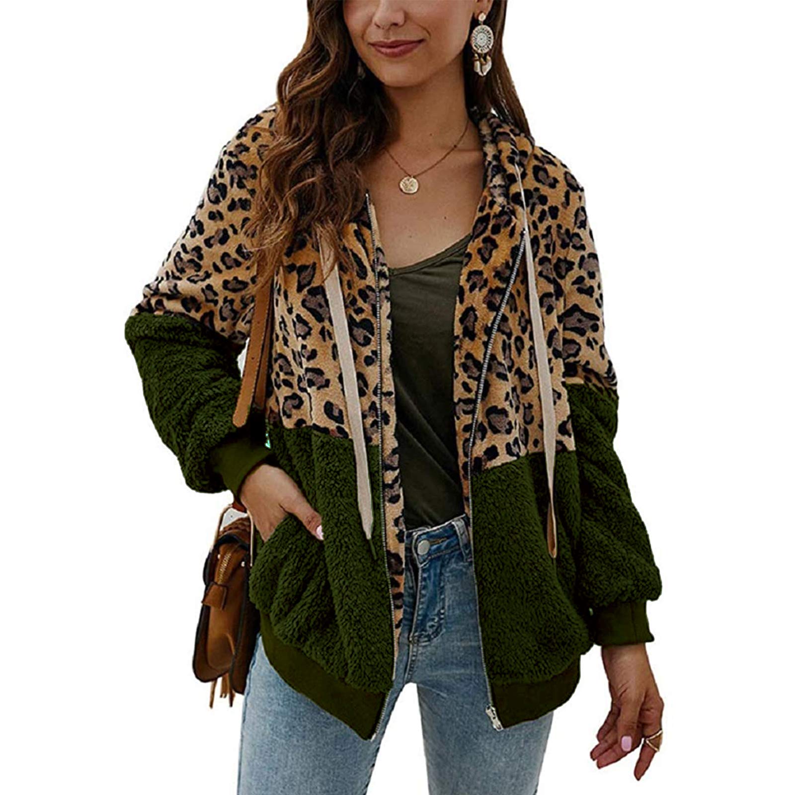 ABINGOOWomen’s Casual Coat Fluffy Cardigan Leopard-printed Zipper Warm Hoodie Faux Fleece Jacket Oversized Outwear