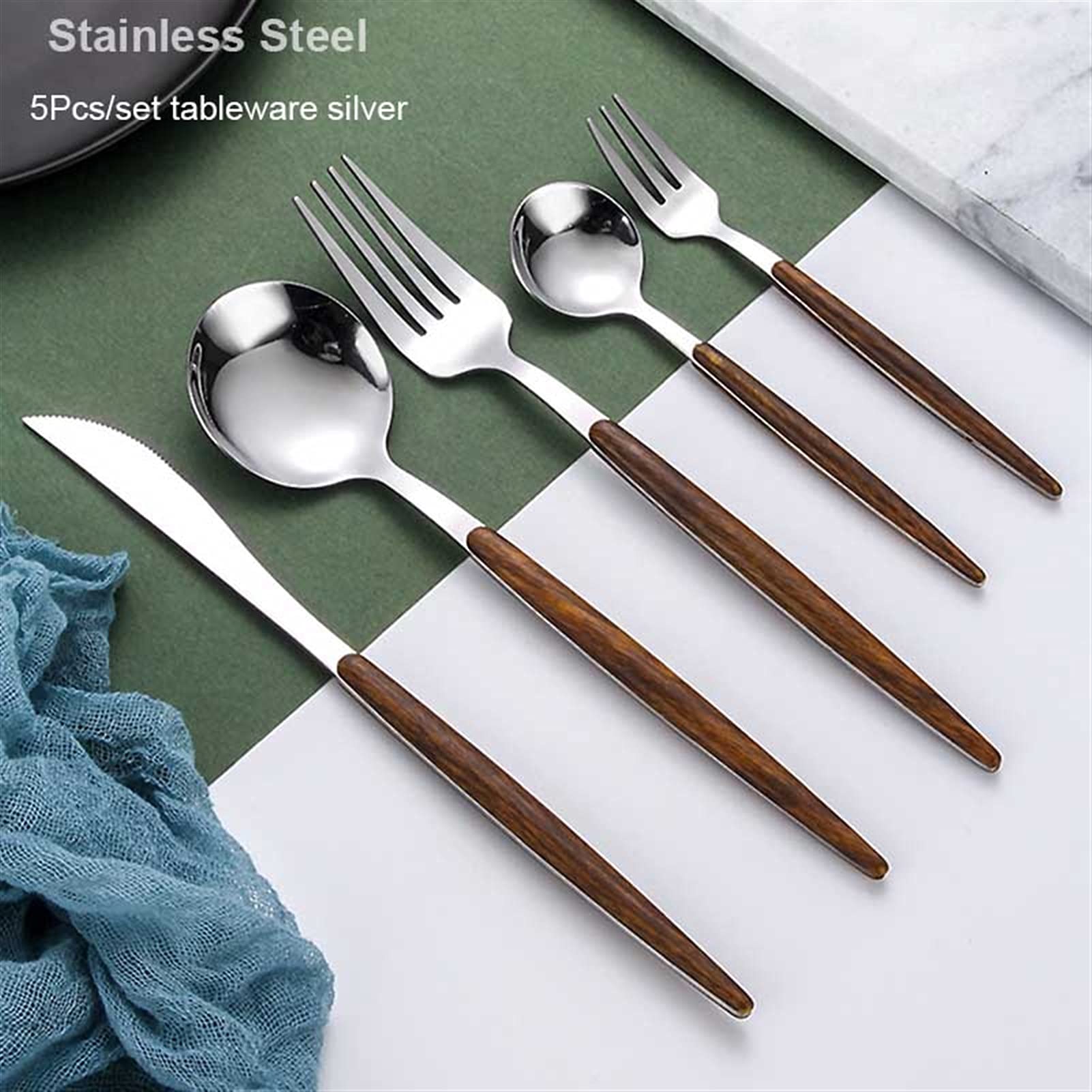 5 PCS / 30 PCS Conjunto de cubiertos de acero inoxidable de oro conjuntos de cubiertos con mango de madera cuchara de metal cuchillo de horquilla (Color : Silver(30pcs))