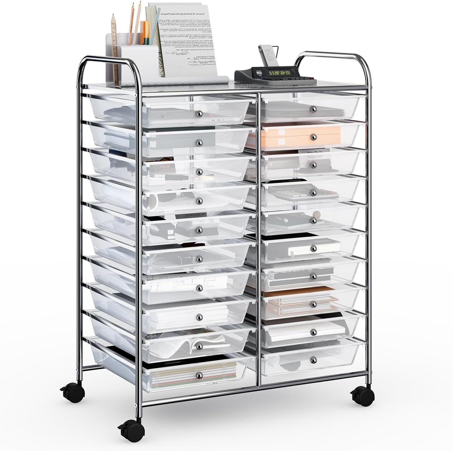 Clear 20-Drawer Rolling Organizer Cart with Chrome Frame