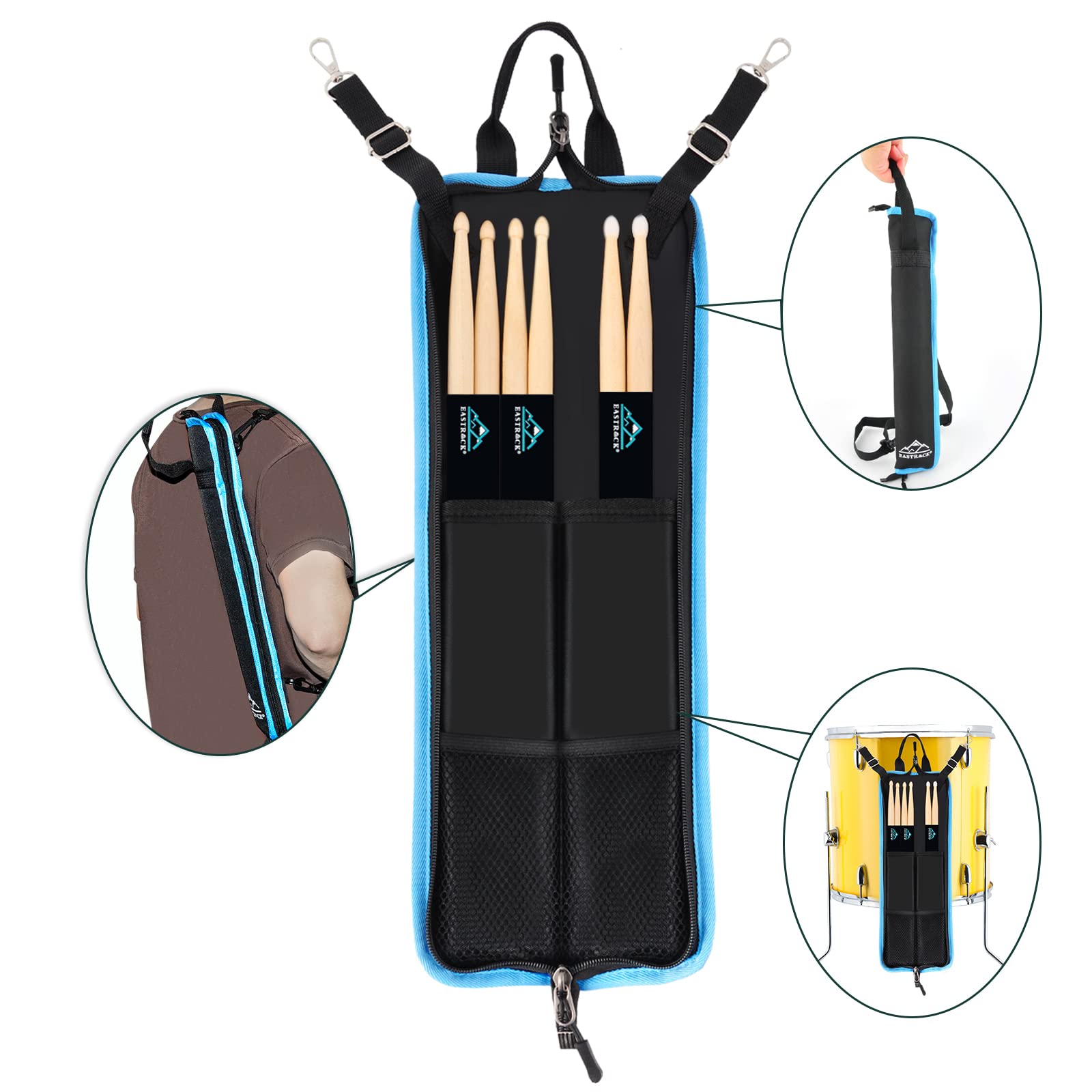 EASTROCK Drumsticks Tasche mit 3 Paar Drumsticks, Floor Tom Haken, Tragegurt für Drumsticks, Drumkeys, Drumdrahtbürsten, Schlägel schwarz