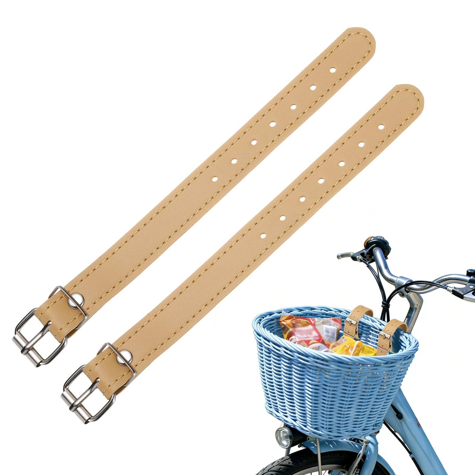 YELARXI Bicycle Basket Strap, Adjustable Bike Front Baskets Leather Straps Detachable Securing Straps 4 Pcs & Light Brown-Fitting for (Most Bikes/Tricycle/Scooters)
