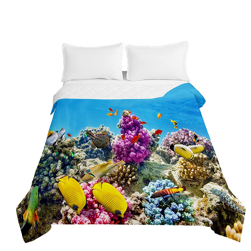 Couvre-lit matelassé réversible Poisson Tropical 230x280 cm en microfibre