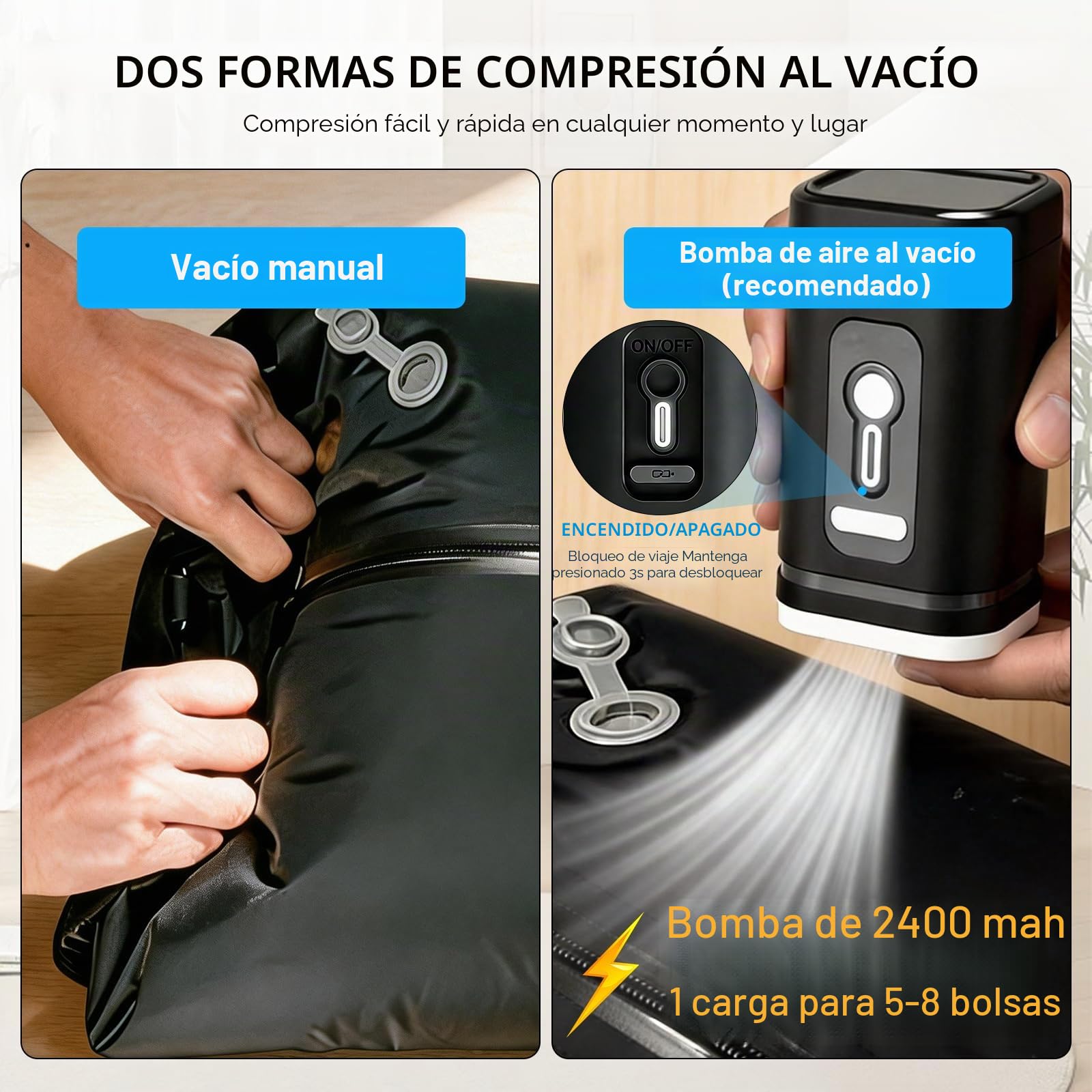 Bolsas de vacío para ropa, 20 l, juego de 3 con bomba recargable de 2400 mAh, bolsas de compresión de TPU herméticas reutilizables con válvula y cremallera impermeable para maleta y mochila
