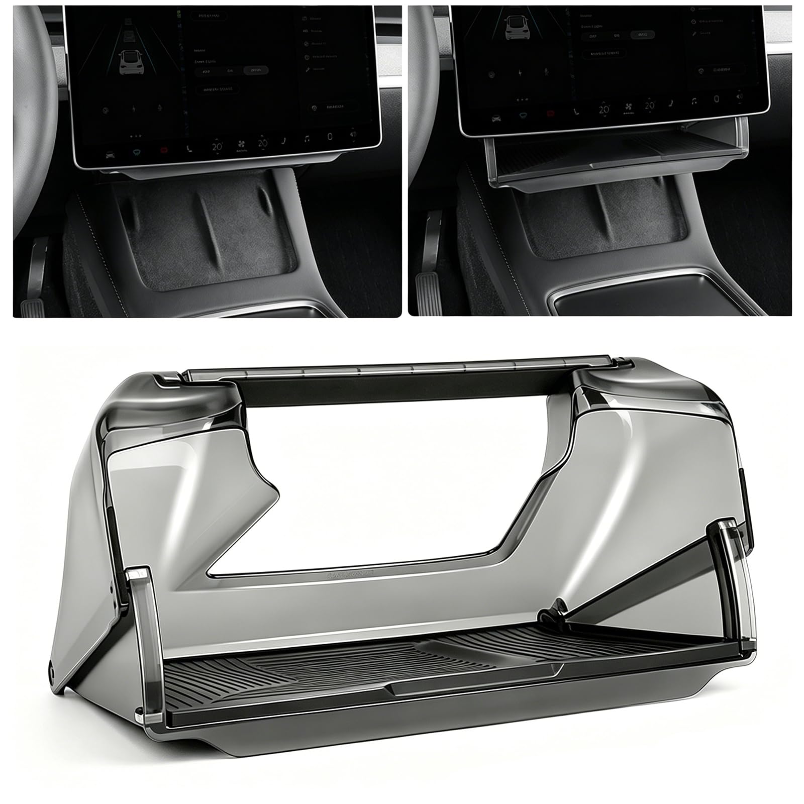 Organiseur de rangement sous écran pour Tesla Model Y Juniper 2025-2026 (Standard, Premium et Performance) et Model 3 2024-2026, plateau organiseur dissimulé pour console centrale, installation rapide