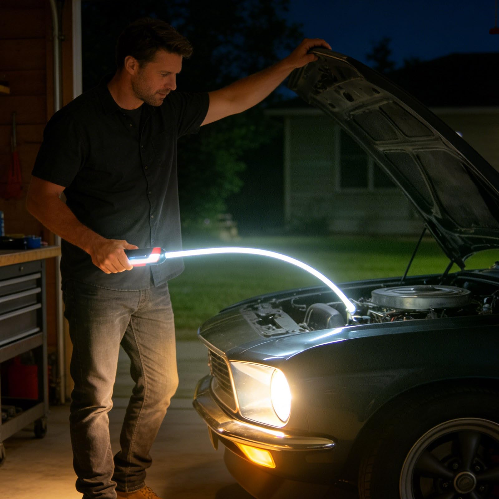 Lampe torche LED rechargeable – Lampes de travail flexibles avec des lumens élevés et 3 modes de luminosité, design pliable pour baies moteur, ateliers et utilisation domestique