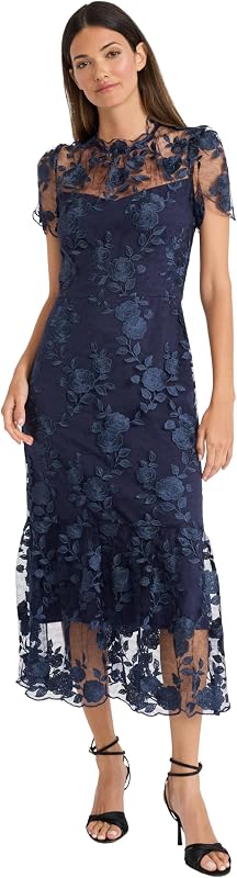 Maggy London Women's Floral Embroidered Midi Dress for Women, High Neck Summer Cocktail & Wedding Guest Dress