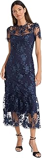Floral Embroidered Midi Women, High Neck Summer Cocktail & Wedding Guest Dress - Buy now