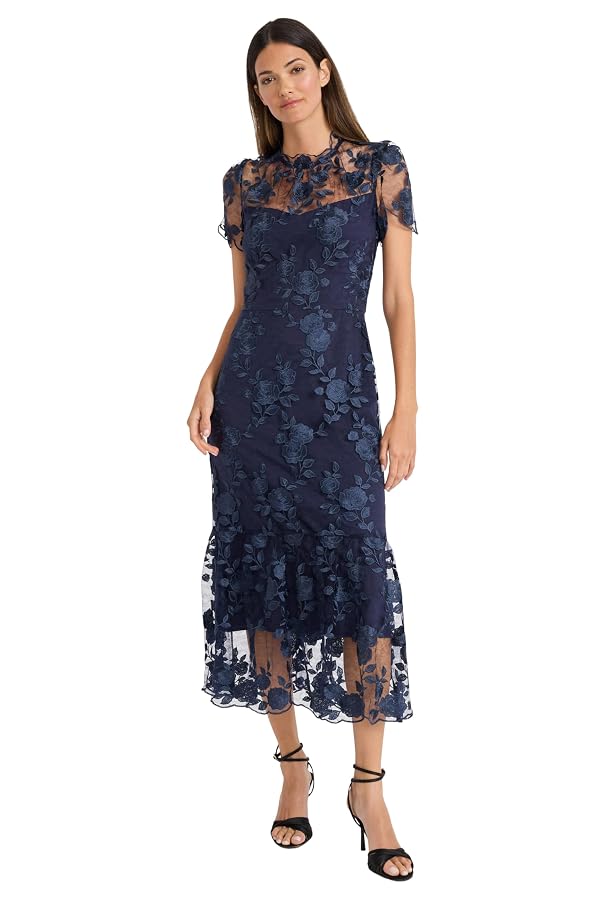 Maggy London Women's Dresses Floral Embroidered Midi Dress for Women, High Neck Summer Cocktail & Wedding Guest Dress, Twilight Navy, 16 by Maggy London - Used condition - US$110.75