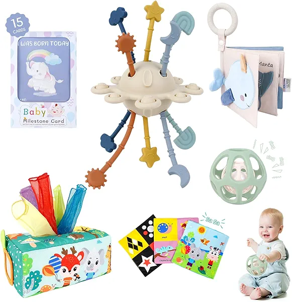 TYRY.HU Baby Gift Set,Montessori Learning Toys Set- Silicone Sensory Toys,Baby Teether Ball with Rattle,Soft Baby Book with Teether Ring & Crinkle Paper,Baby Tissue Box Toy,Milestone Cards,5 PCS