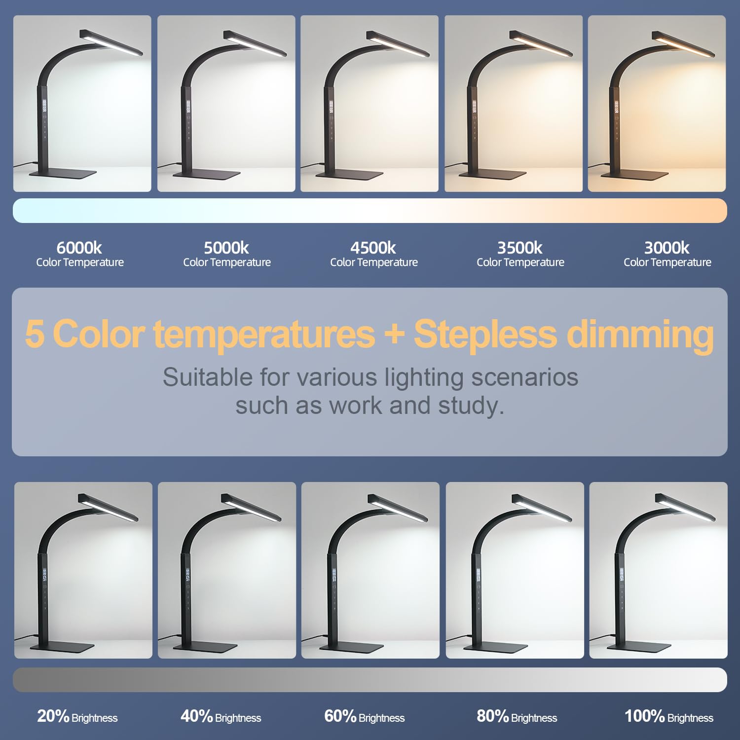 Lampada da scrivania a LED per ufficio domestico, luce da lavoro per computer architetto, temperatura di colore touch dimmerabile e tubo flessibile regolabile a collo d'oca. lampada da scrivania con