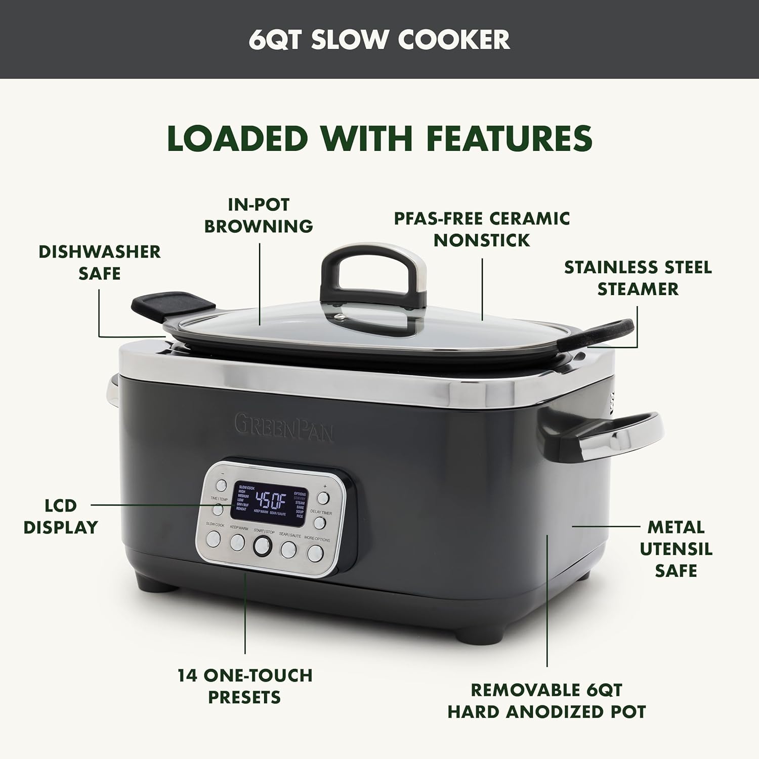GreenPan Elite 14-in-1 Nonstick 6QT Electric Slow Cooker, PFAS-Free Ceramic Multi-Cooker, In-Pot Browning, Dishwasher Safe Lid & Removable Crock, Stainless Steel Steamer, Silicone Handles, Graphite