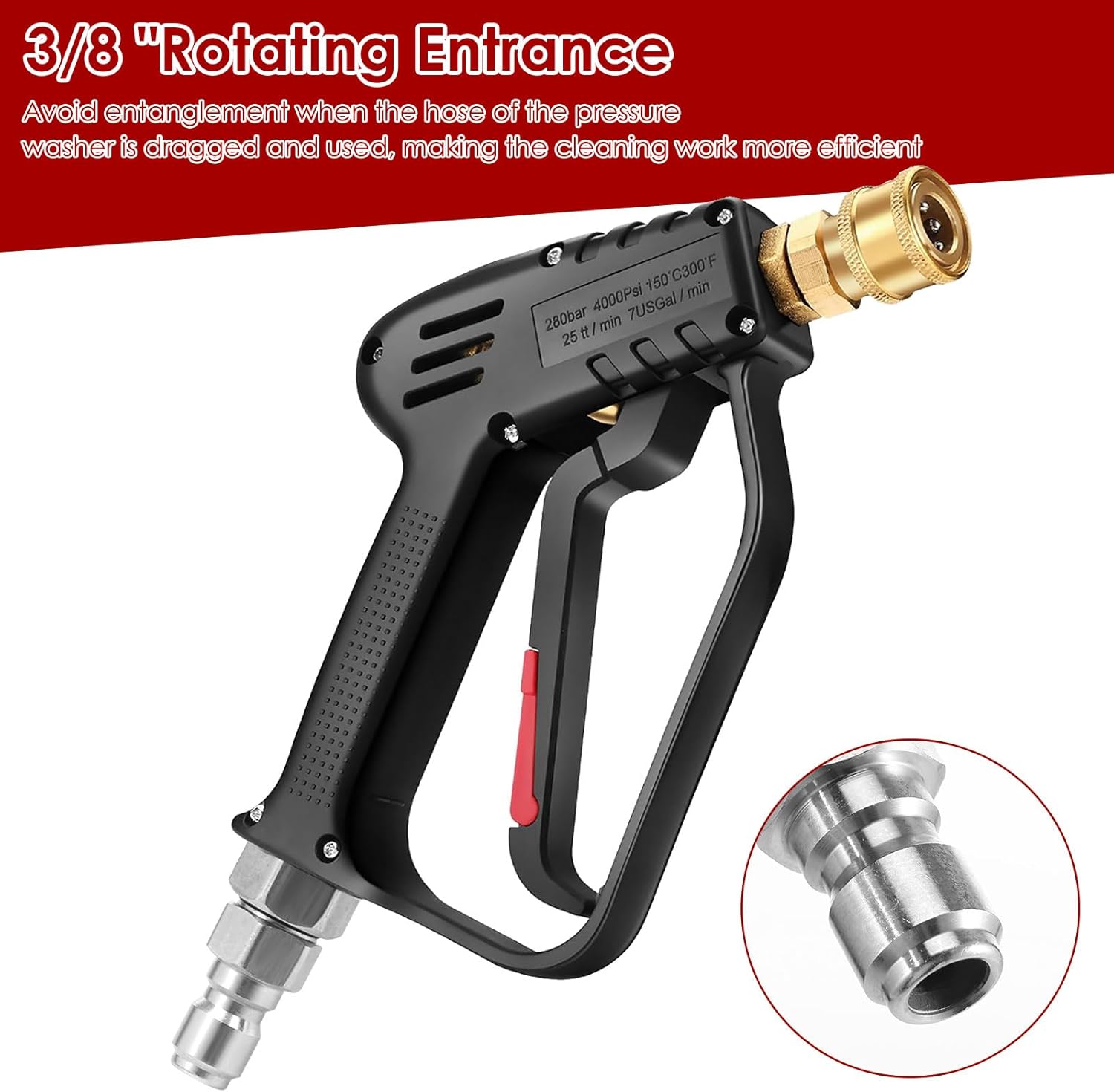 Short Pressure Washer Gun 4000 PSI High Power Washer Spray Gun, Foam Gun for Pressure Washer with 3/8'' Swivel for Extension Wand and Hose (Black)