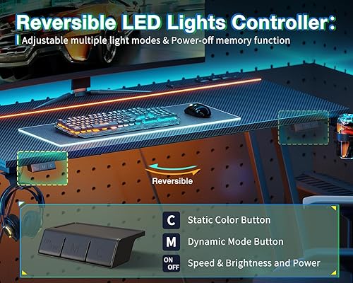 Miniatura 5 de MOTPK Escritorio pequeño para juegos con luces LED y toma de corriente, escritorio de computadora de 39 pulgadas para espacios pequeños, mesa de