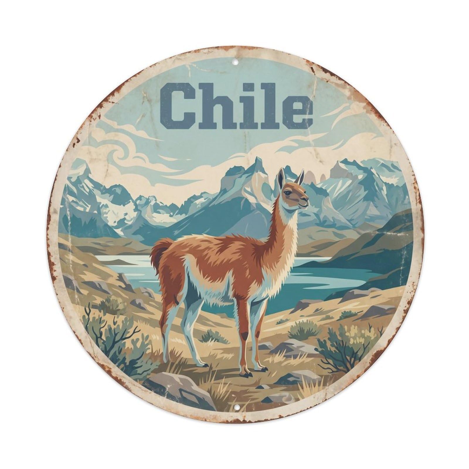 Vintage Chile Guanaco Patagonian Peaks Metal Tin Sign