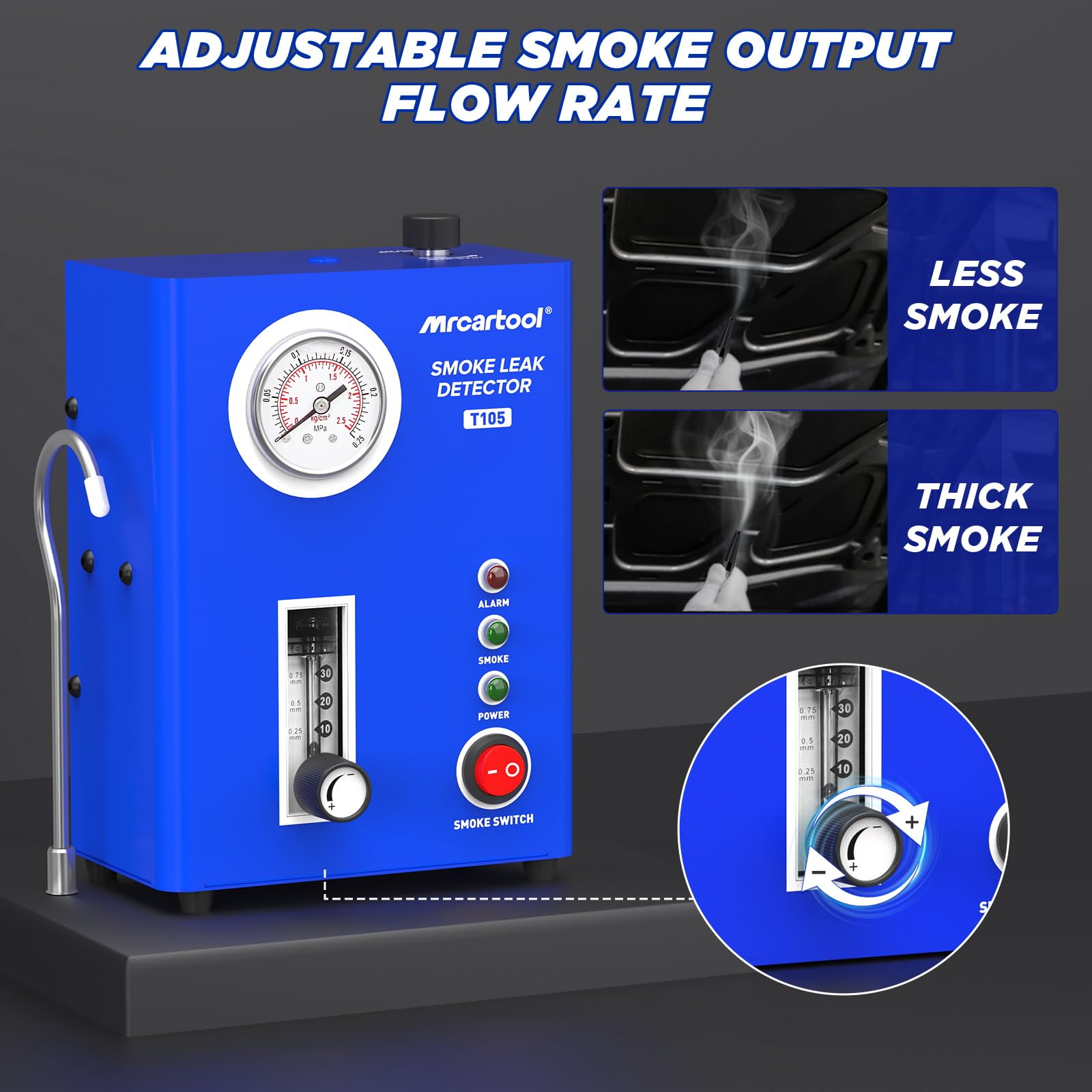 Tester di perdite per automobili con macchina del fumo T105, con pompa dell'aria integrata e manometro, tester diagnostico EVAP e rilevatore di perdite di carburante per tubazioni, per veicoli a 12V