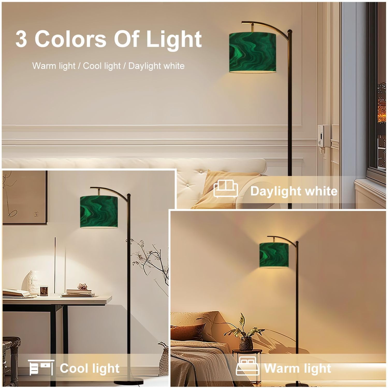 Arc Floor Lamp Green Emerald Luxury Abstract Golden line Art Marble Modern Tall Standing Lamp Dimmable with Remote Adjustable Drum Shade Footswitch for Living Room Bedroom Office