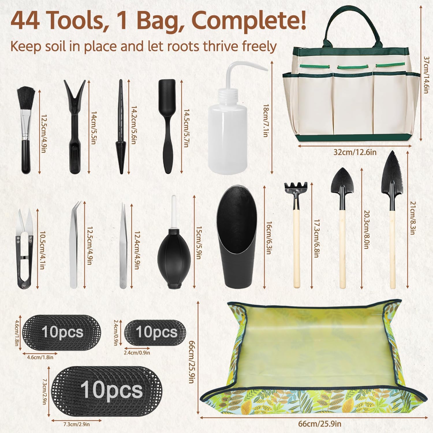 LASZOLA 45 pcs Repotting Set with Potting Mat Tiny Tools for Indoor Plants Succulents, Gardening Bag Kit with Waterproof Tray and Mini Tools, Ideal for Soil Replacement Seedling Transplanting, Yellow