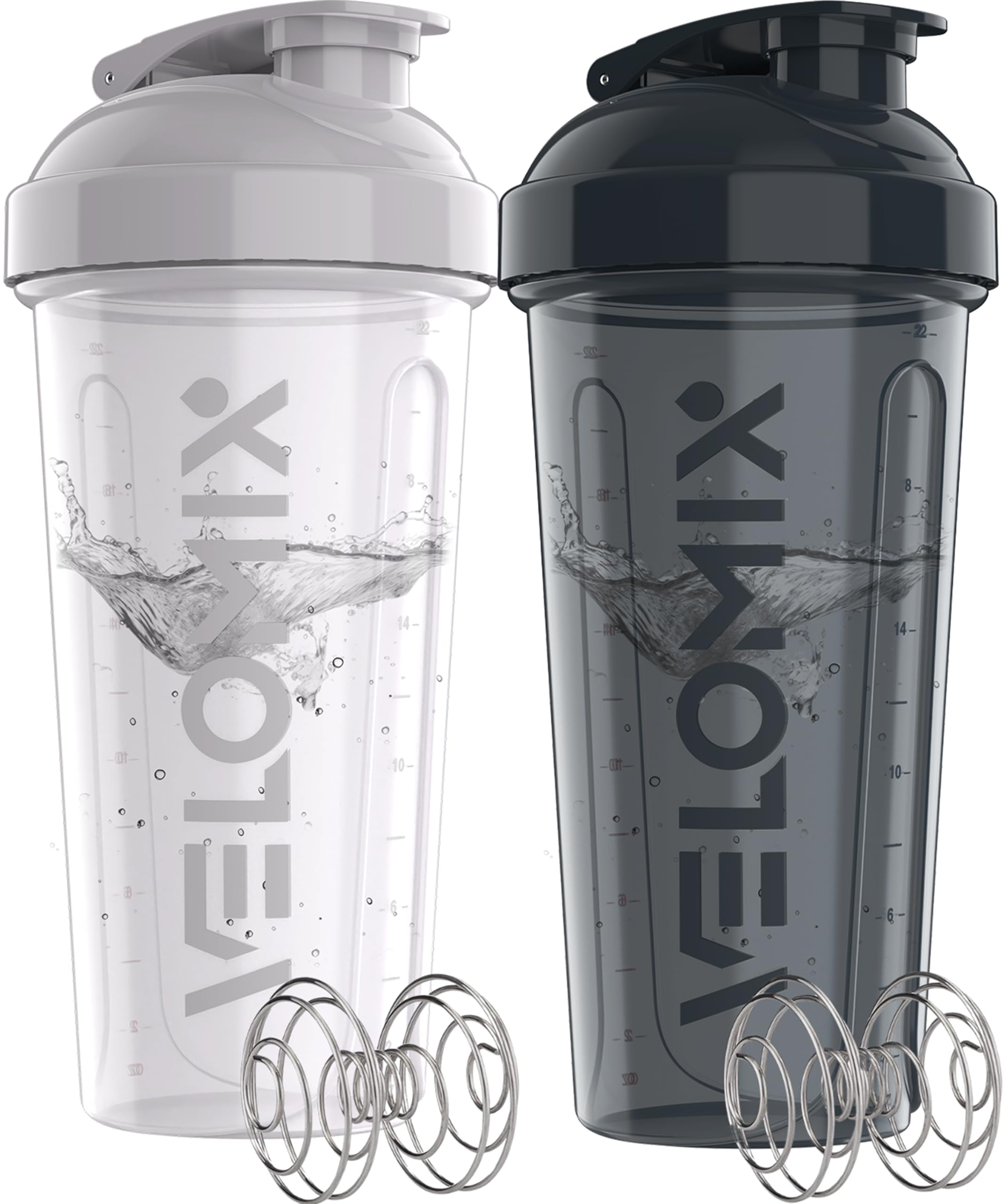 VELOMIX -2 Pack- 28 oz Protein Shaker Bottles for Protein Mixes - 2x Wire Whisk | Leak Proof Shaker Cups for Protein Shakes and Pre Workout | Protein Shaker Bottle Pack (D4) Polar Contrast