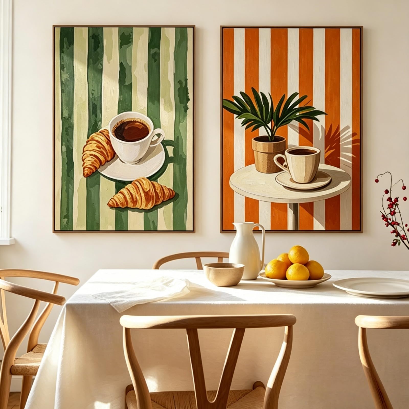 ZBELLO Set of 2 Retro Wall Art Prints, Orange Green Striped Coffee， Warm Vintage Kitchen Dining Diptych Wall Decor, for Breakfast Nook Farmhouse Apartment Home Decoration (50x70cm,A)