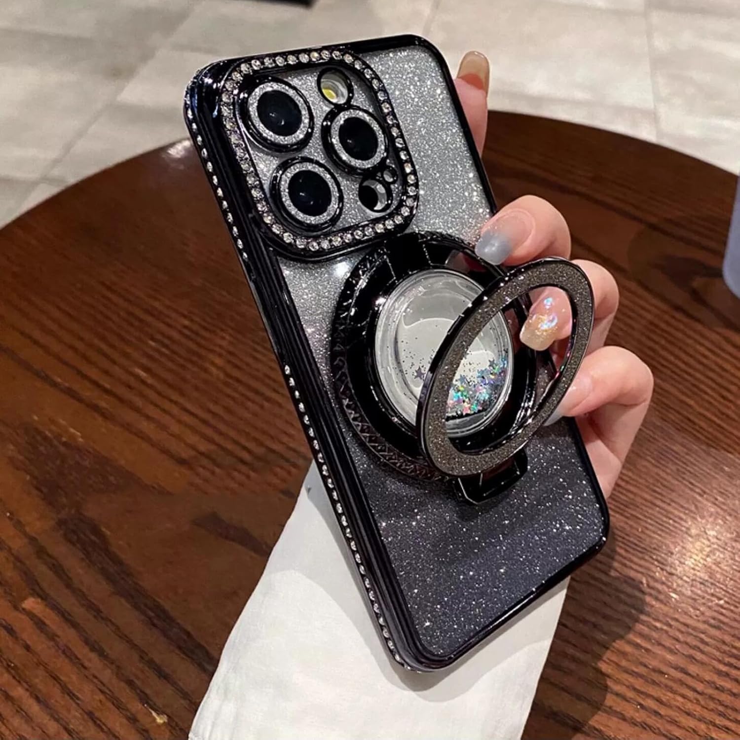 Glitter Kickstand Case for iPhone 15 Pro Max, Luxury Bling Sparkly Diamond Rhinestone with Camera Protector Liquid Flowing Ring Stand TPU Bumper Women Girls Case for iPhone 15 Pro Max (Black) - Image 7