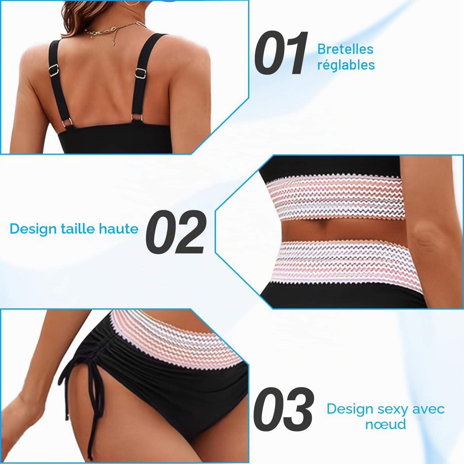 Bikini taille haute pour femme - Effet gainant - Avec bretelles réglables - Maillot de bain 2 pièces pour la plage, les vacances, la piscine, le spa