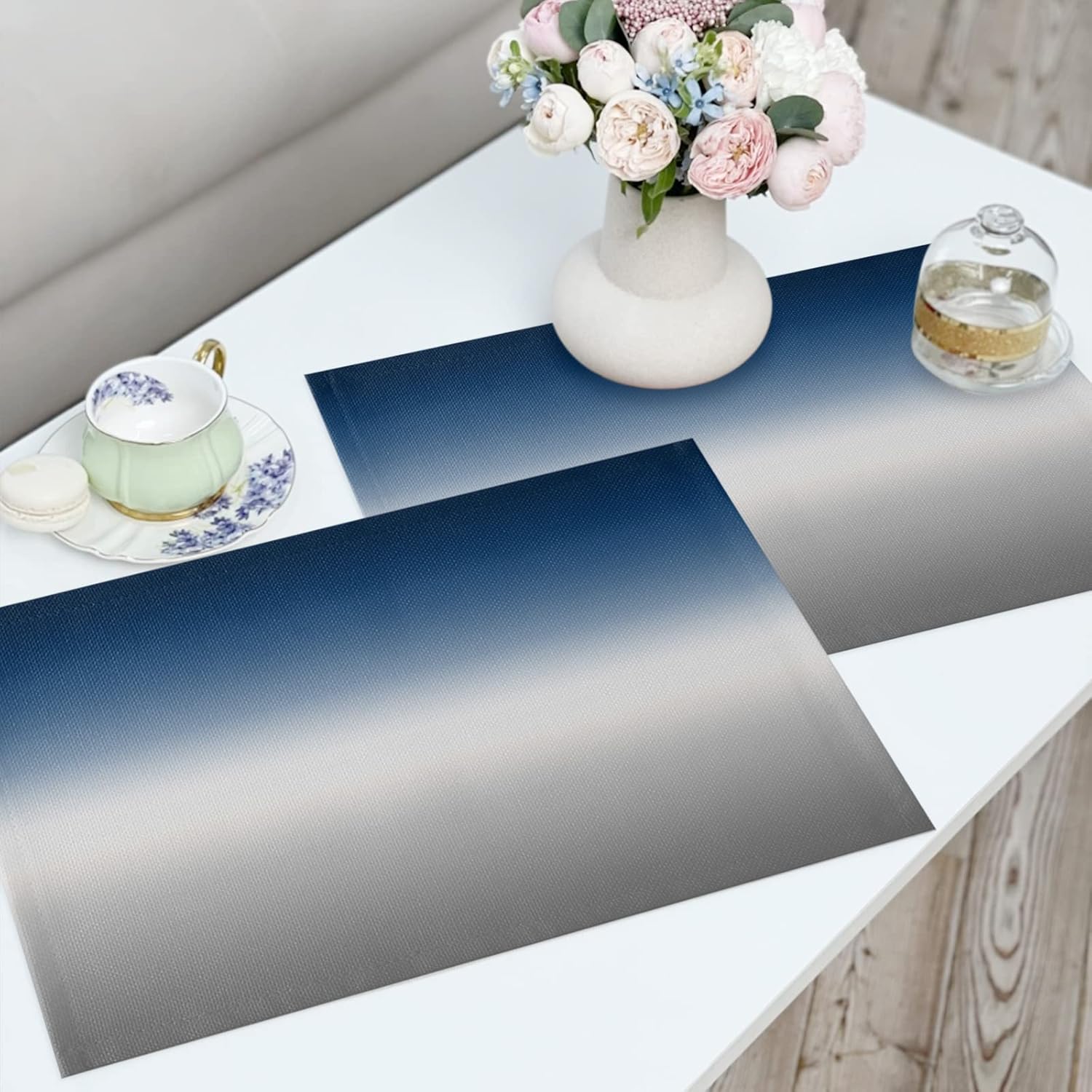 Blue Placemats Set of 6 Ombre Table Mats for Dining Table Blue and Grey Ombre Table Mats Gradient Gradual Color Table Decoration Holiday Banquet Kitchen Dining Non Slip Washable Placemat 13x19 Inch