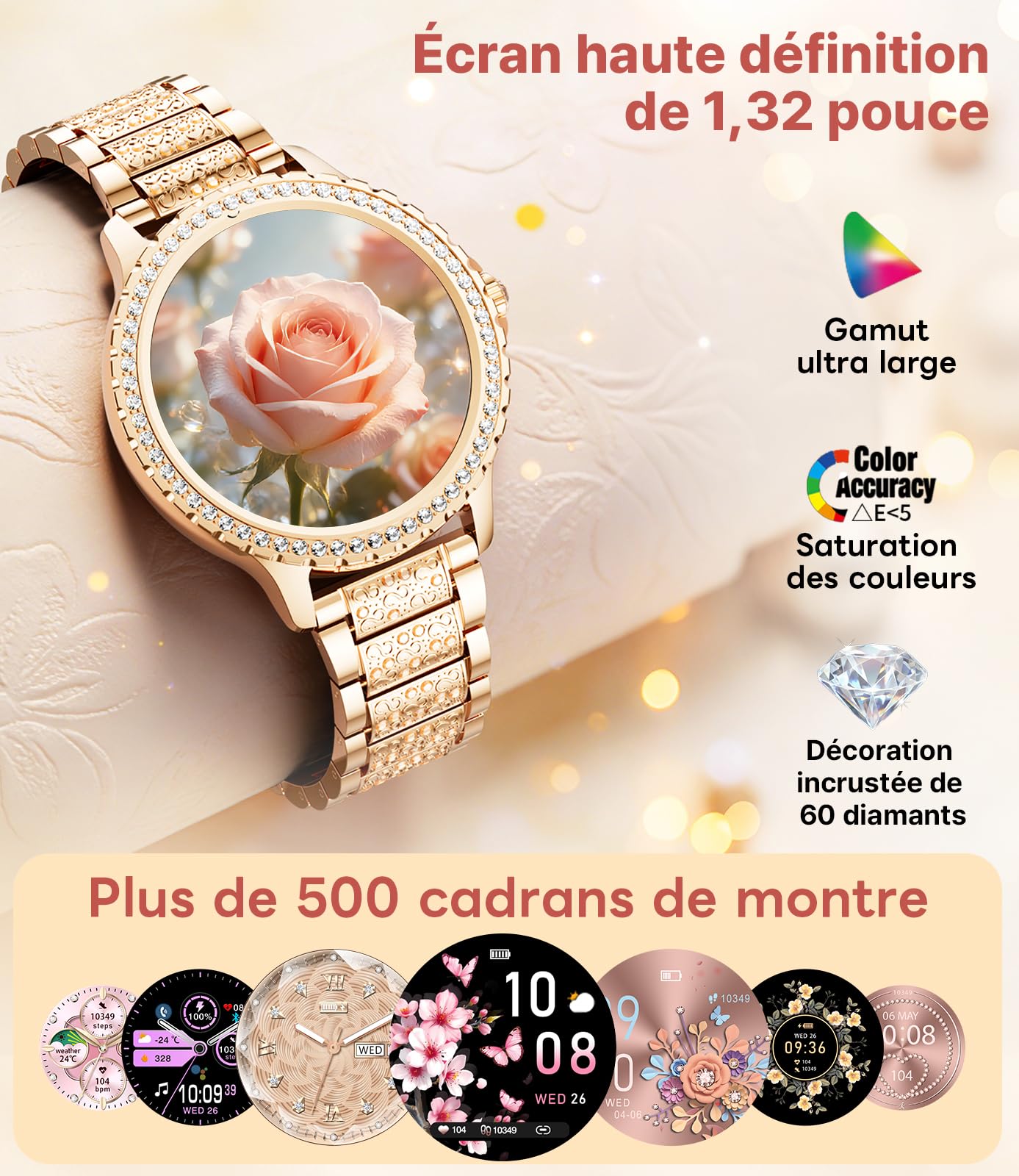 LIGE Montre Connectée Femme avec Appel Bluetooth, 1.32" Diamond Smartwatch Féminine Etanche avec 110+ Modes Sportifs Podometre Sommeil pour iOS et Android, 500+ Cadran, Or Rose Acier Inoxydable