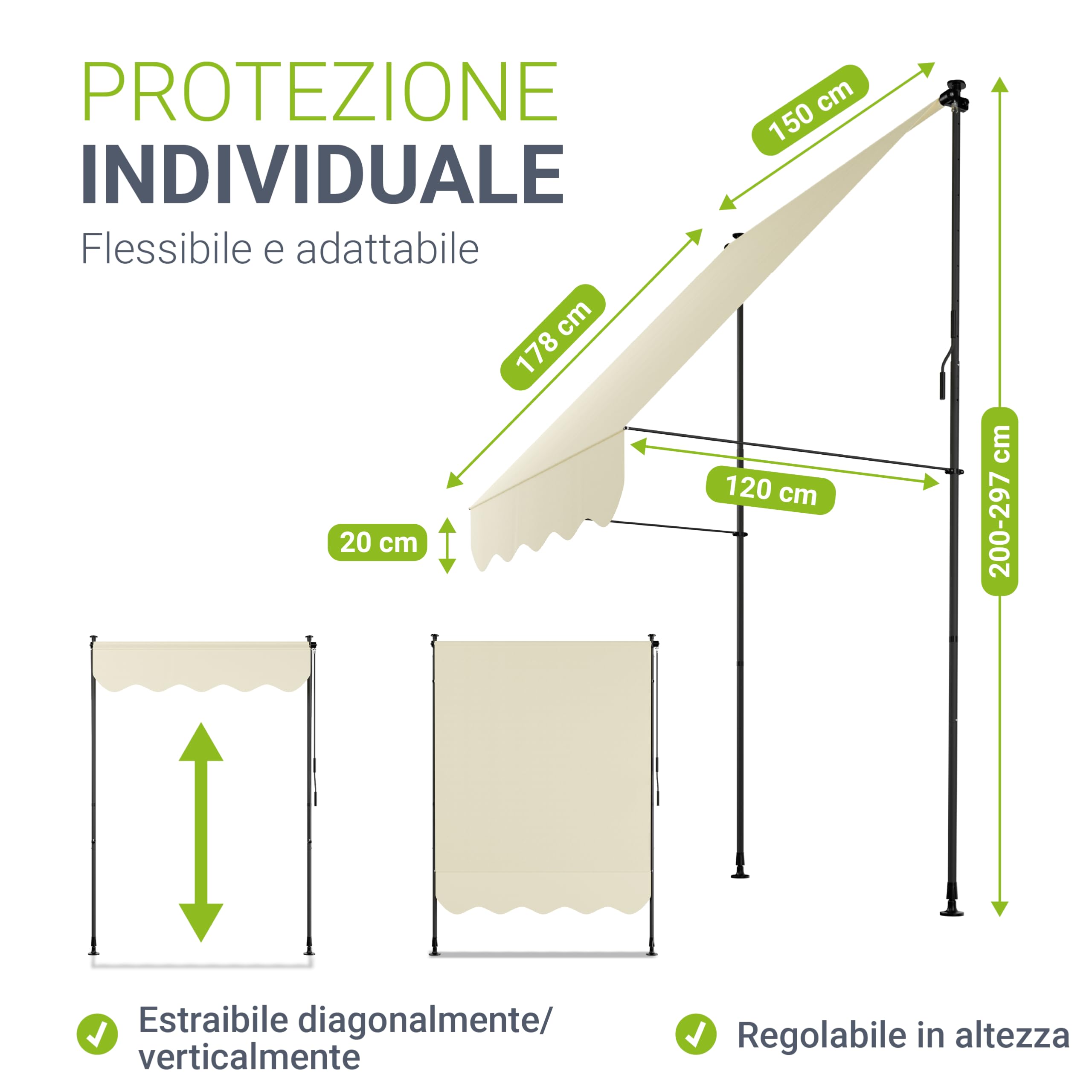 Juskys Tenda da Sole Manuale Kapstadt 150x120 cm - Tenda da esterno regolabile, senza foratura, impermeabile, resistente ai raggi UV, verticale e diagonale - Beige