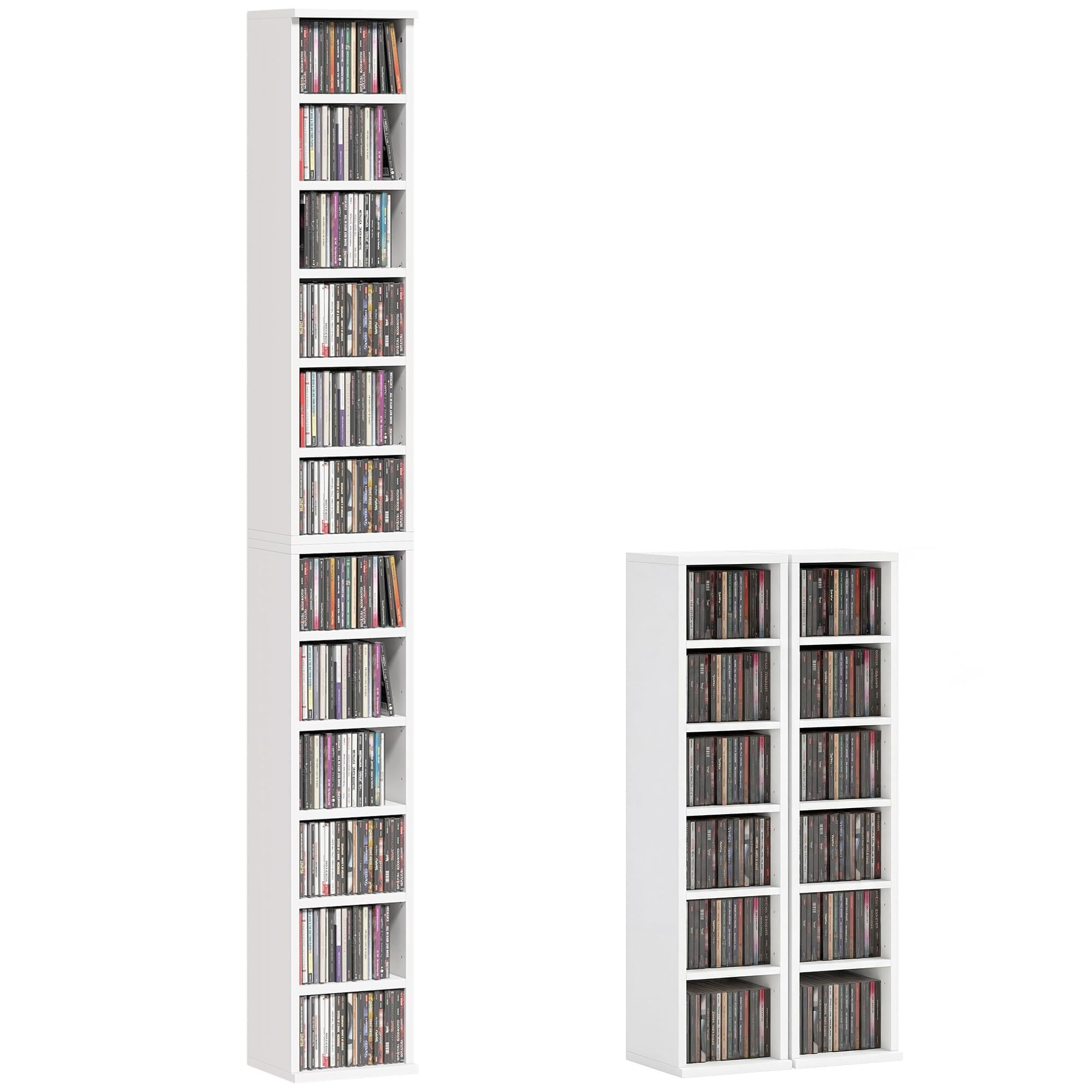HOMCOM CD-, DVD- und Blu-ray-Regal 2er Set Stapelbar 21x22,5x88,5 cm Weiß | CD-Regal, Standregal mit 5 Verstellbaren Einlegeböden, Medienregal, Dekoregal Aufbewahrung